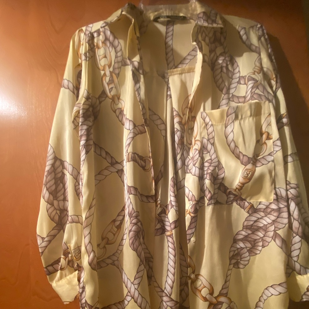 Zara chain print satin button up shirt